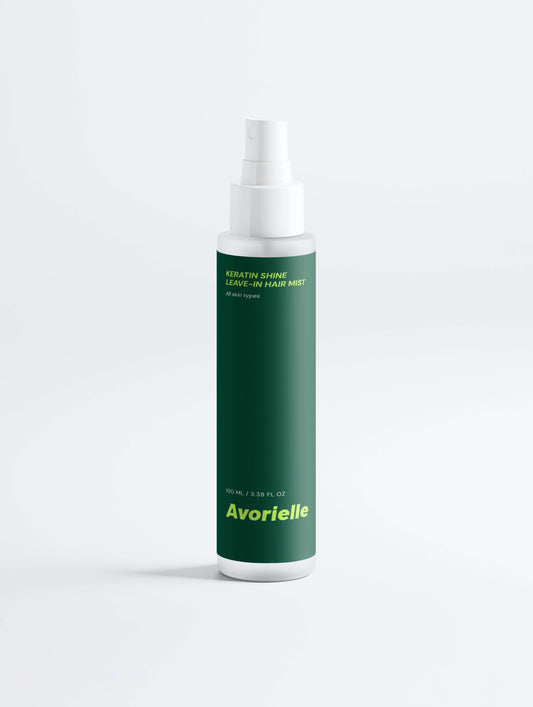 Keratin Shine Leave-In Hair Mist bottle for revitalizing and protecting hair, infused with beneficial ingredients.